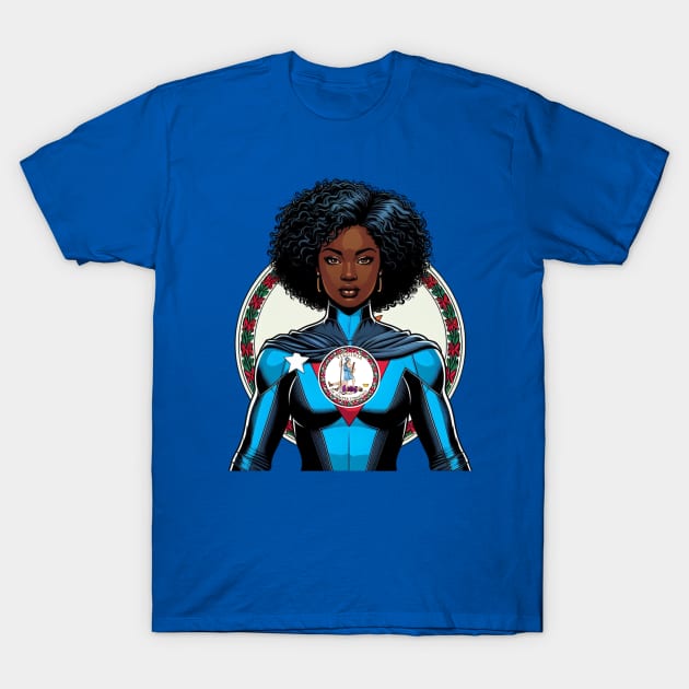 Richmond Virginia 1980s Black Female  Comic Book Superhero RVA American Flag T-Shirt by Woodpile